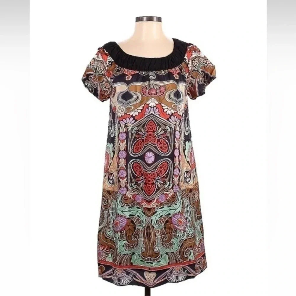 Anna Sui For Anthropologie Art To Wear Nouveau Bohemian 100% Silk Dress Size 2